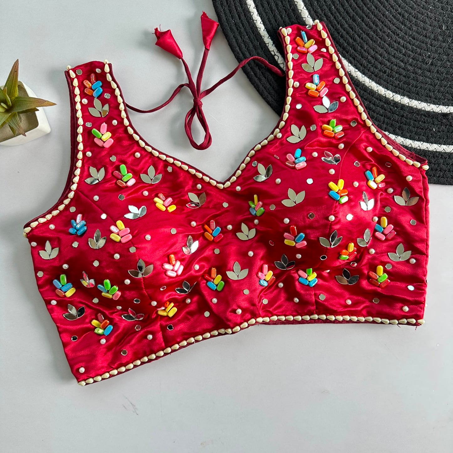 Heavy Real Mirror + Moti work ready made blouse