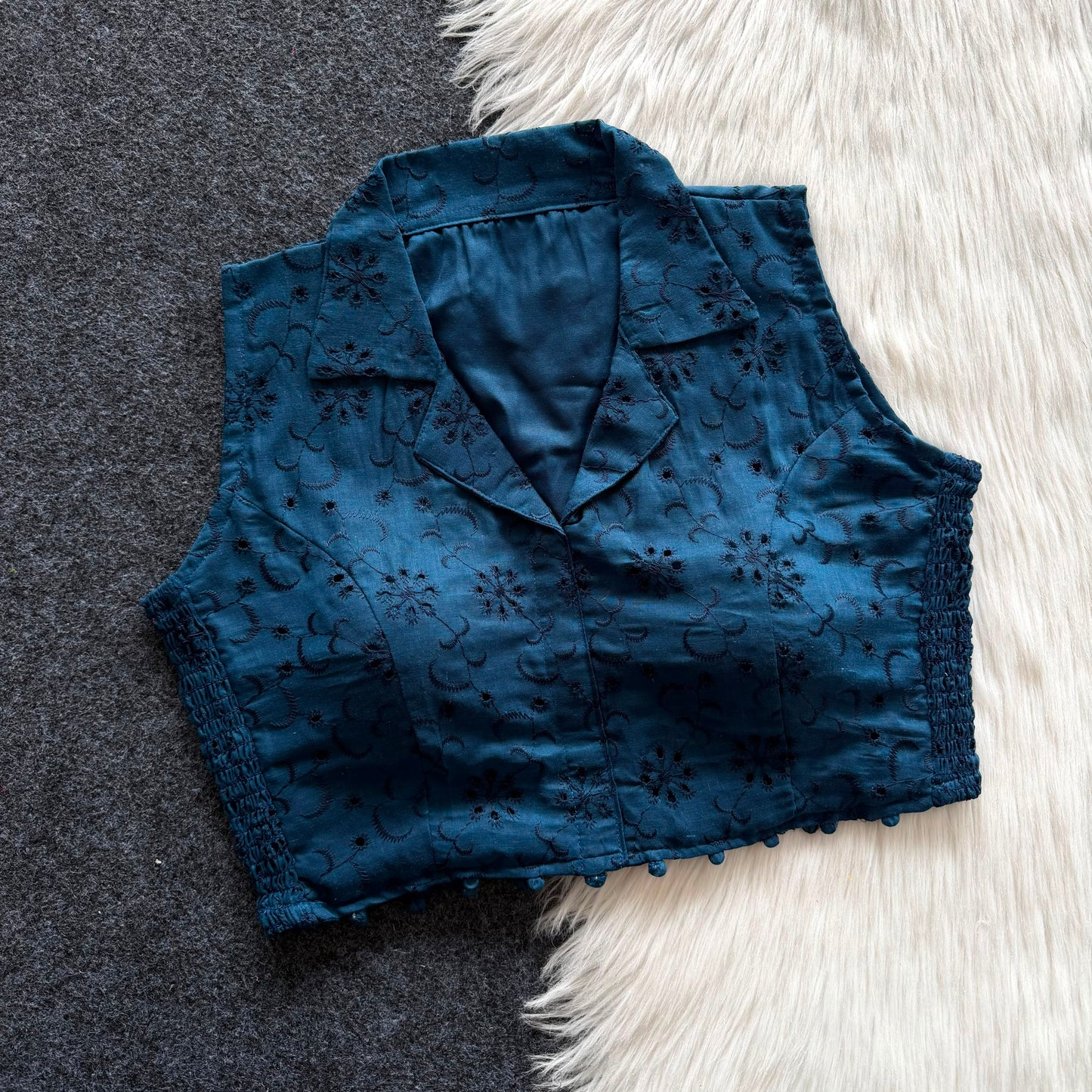 Beautiful embroidery work with elastic attach for better fitting ready made blouse