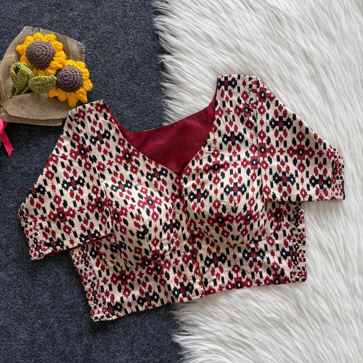 Beautiful hand block print with side elastic ready made blouse