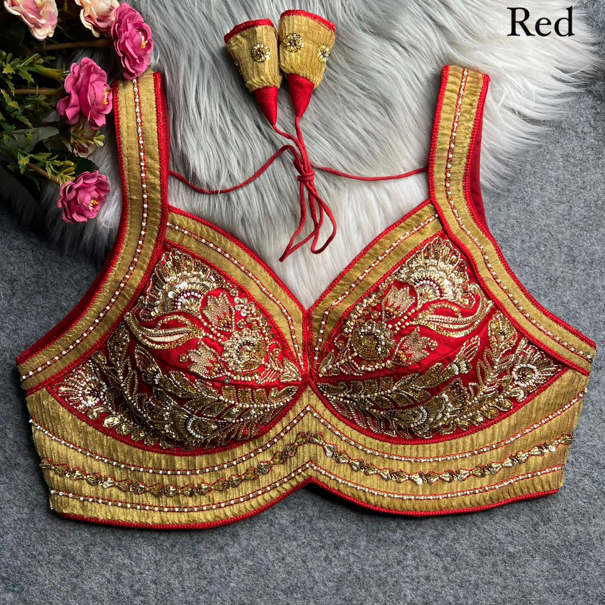Pure ribbon & beads work ready made blouse