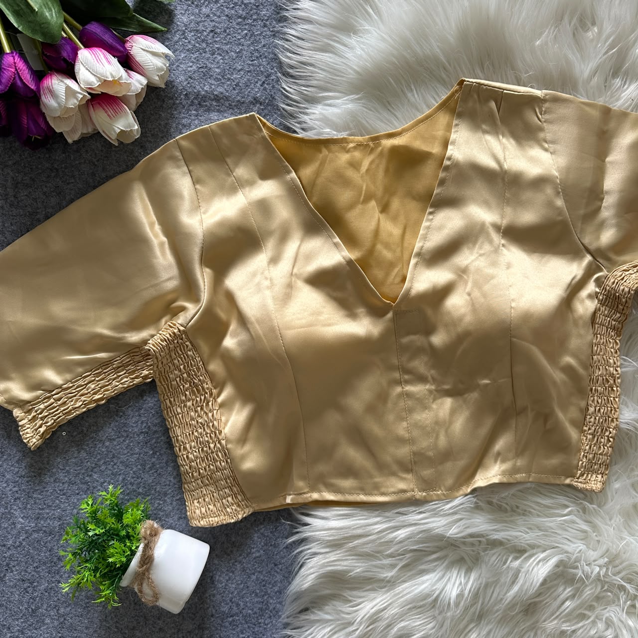 Soft silk fabric with elastic attach for better fitting ready made blouse