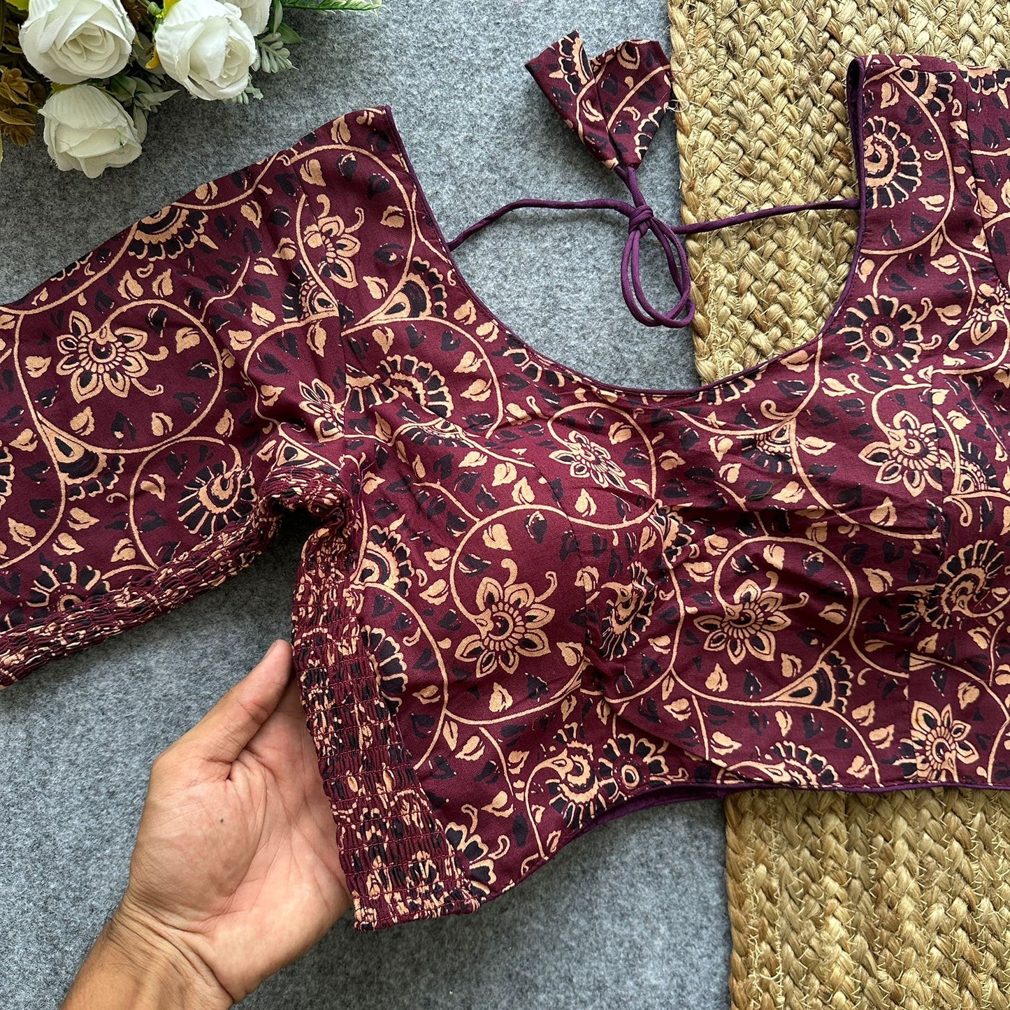 Beautiful hand block print with side elastic ready made blouse