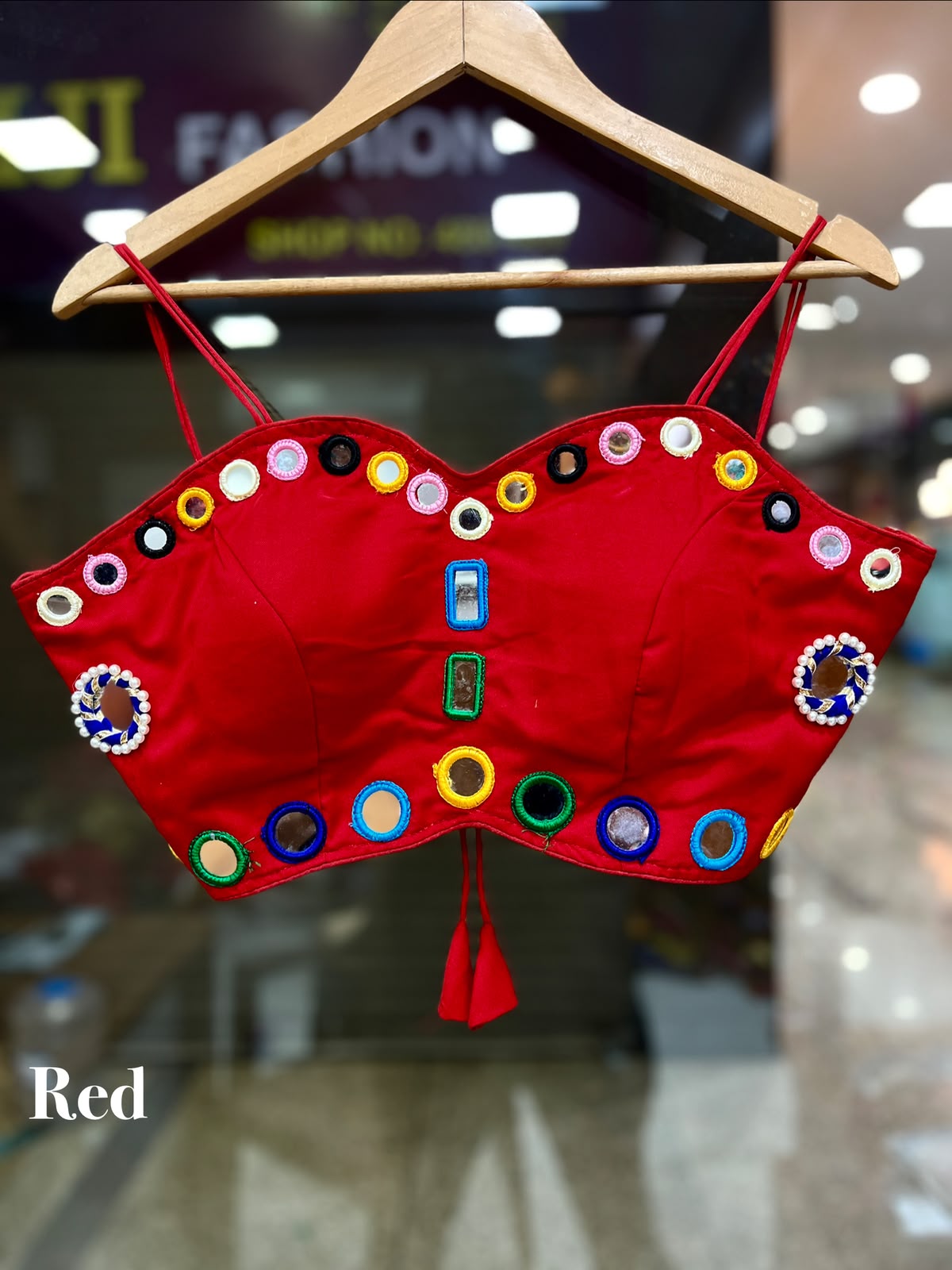 SPECIAL SPAGHETTI NODDLES MULTY COLOUR RING MIRROR (GLASS) WORK FANCY READY MADE BLOUSE