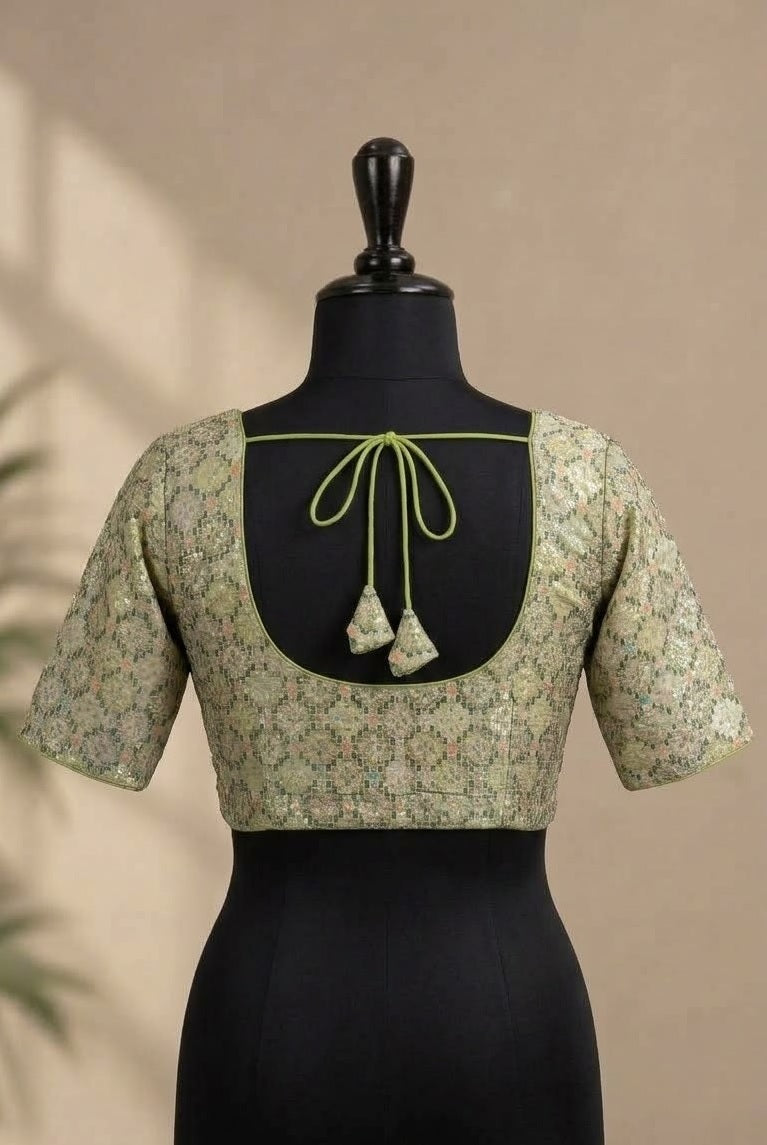 Sage Green Woven Brocade Designer ready made blouse