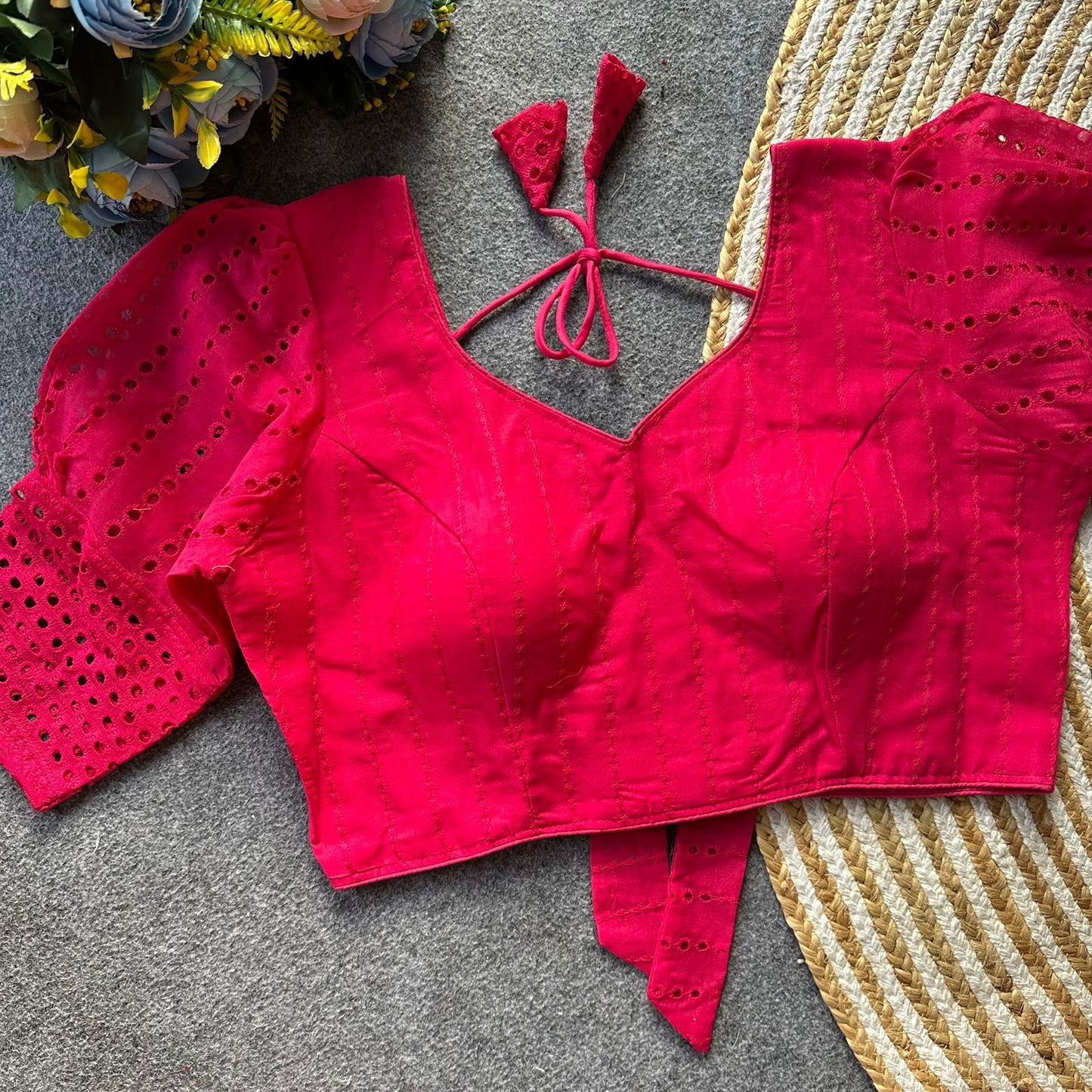 Pure hakoba cotton puff sleeve with bow ready made blouse