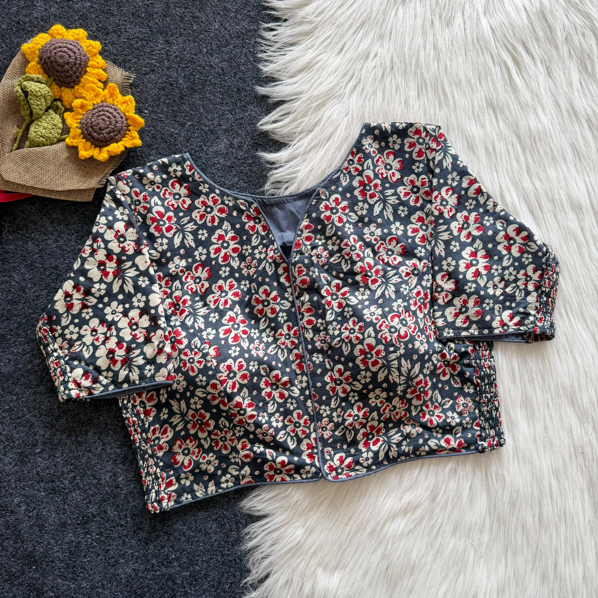 Beautiful hand block print with side elastic ready made blouse