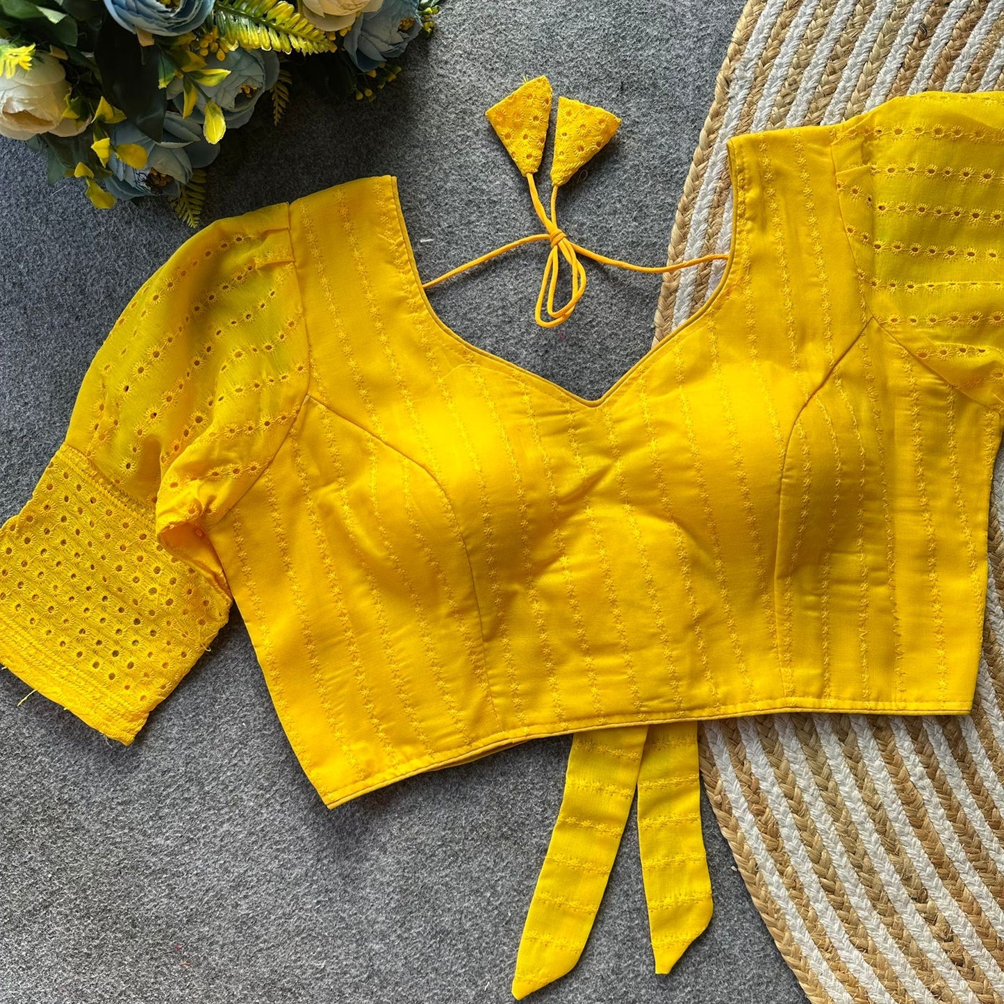Pure hakoba cotton puff sleeve with bow ready made blouse