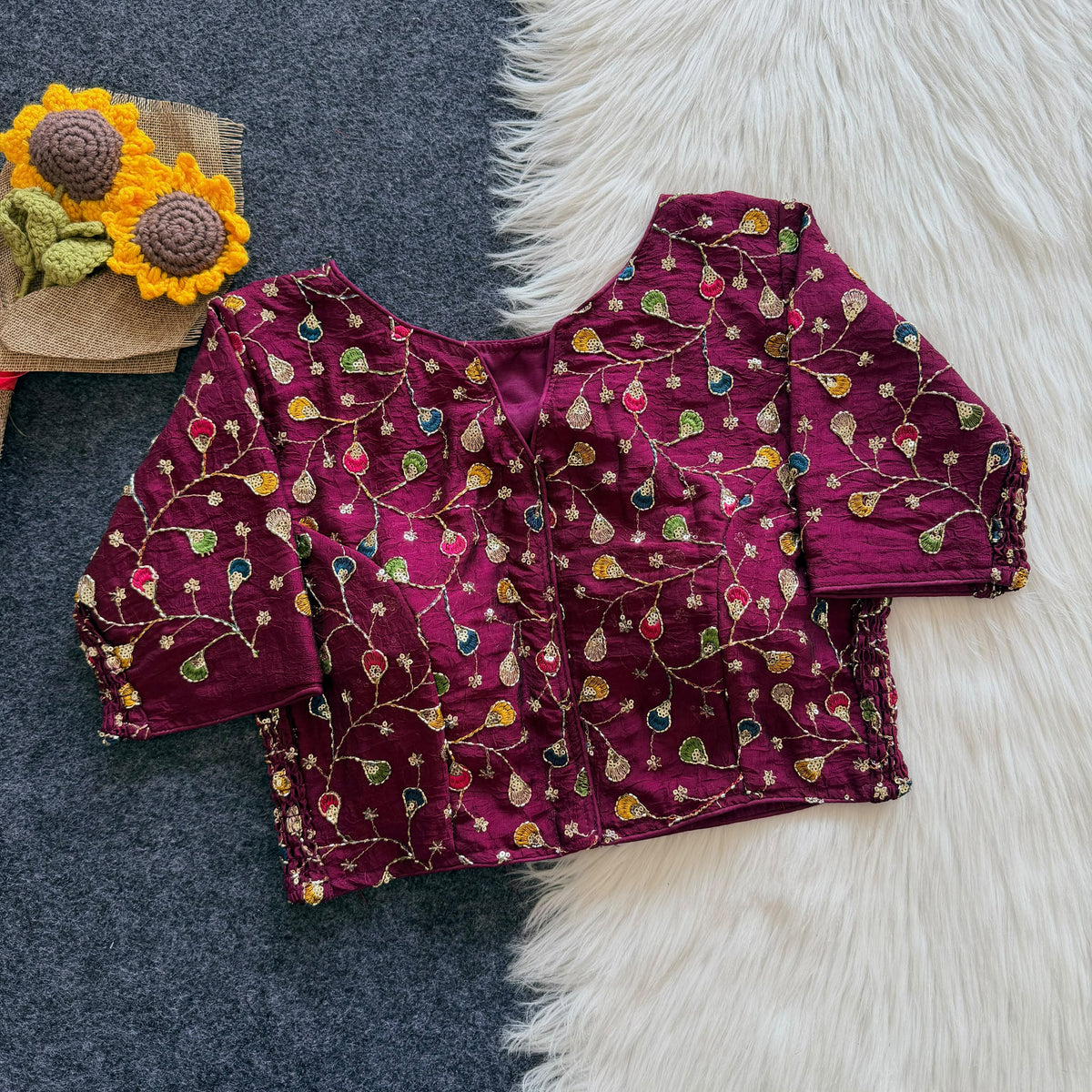 Beautiful embroidery work with elastic attach for better fitting ready made blouse