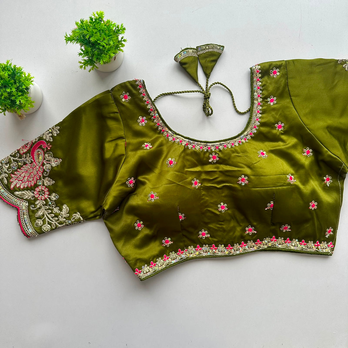 Heavy pure satin silk embroidery work ready made blouse