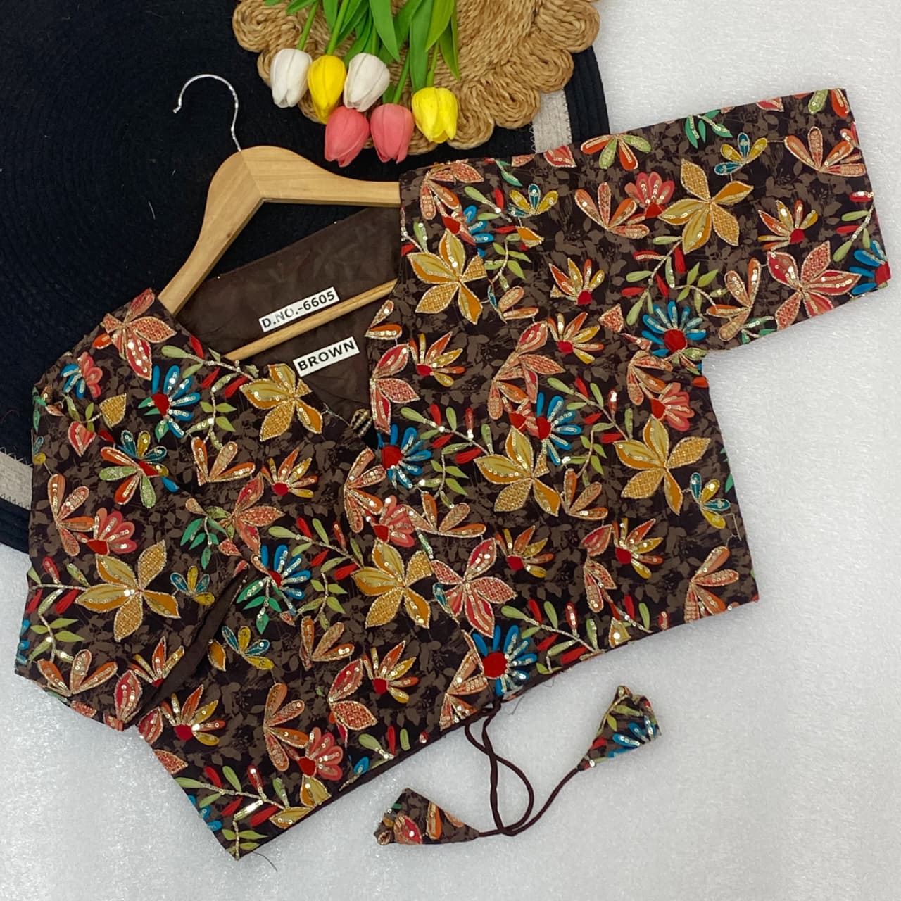 Pojisan print embroidery ready made blouse