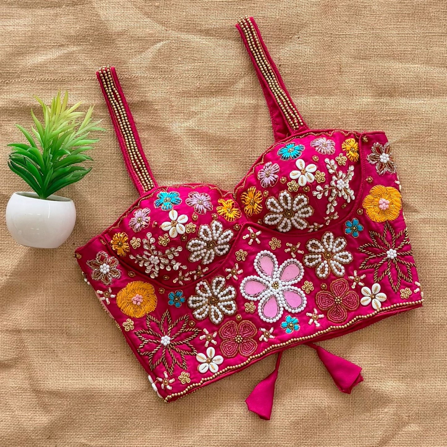 Beautiful handcrafted work all over with real mirror touch up and heavy thread all over ready made blouse