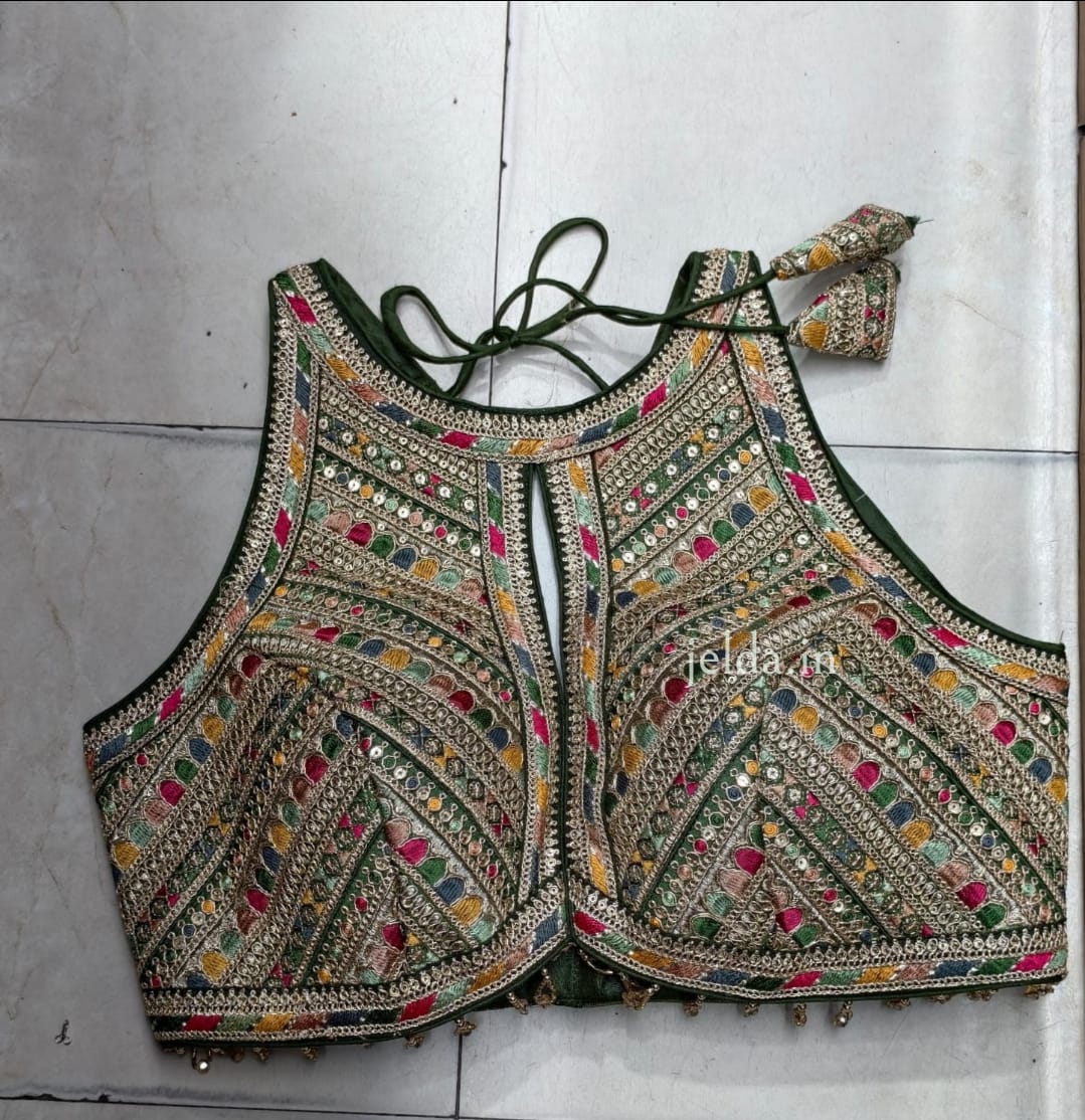 Heavy Embroidered Halter-Neck Lace Work Blouse with Front Keyhole