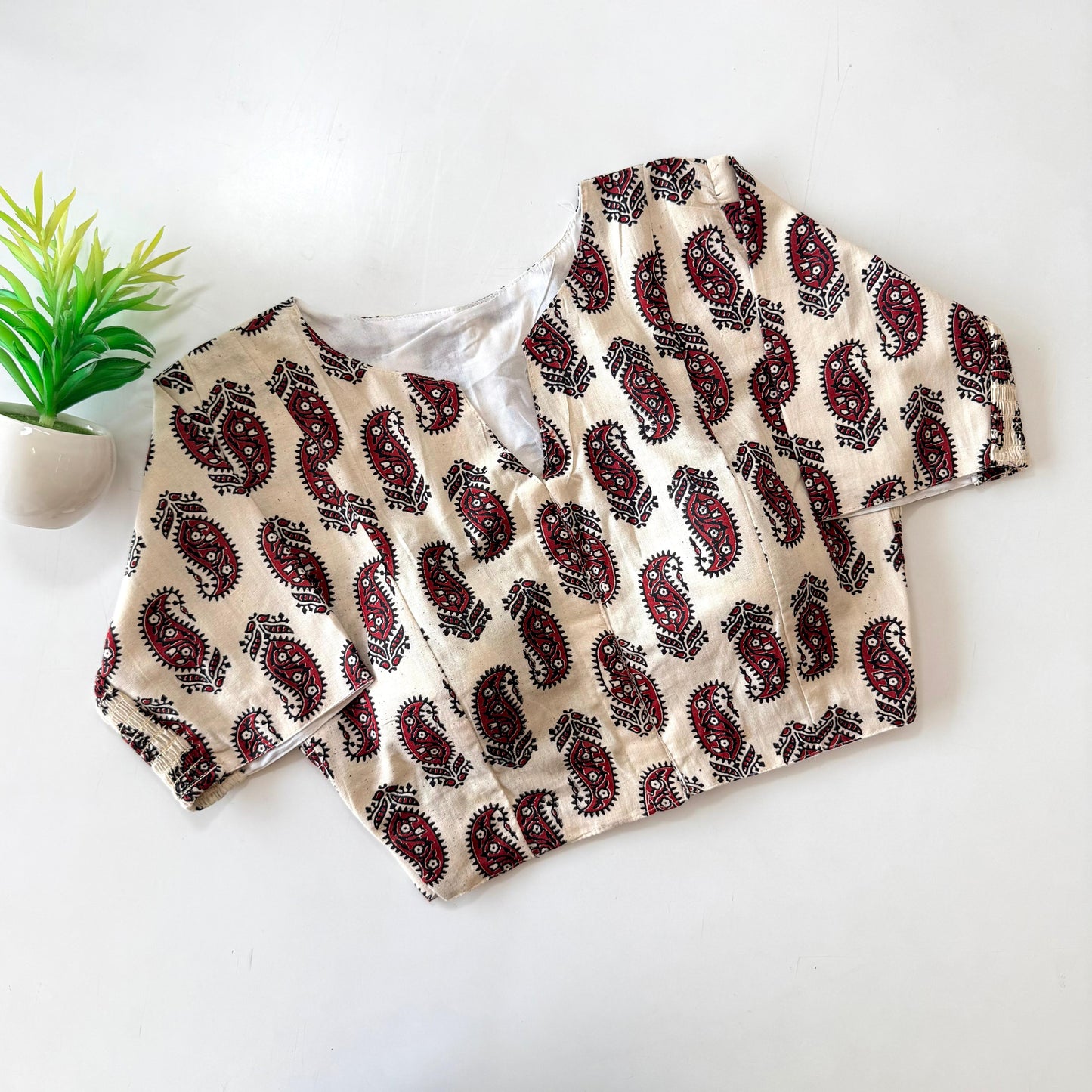 Beautiful hand block print with side elastic ready made blouse