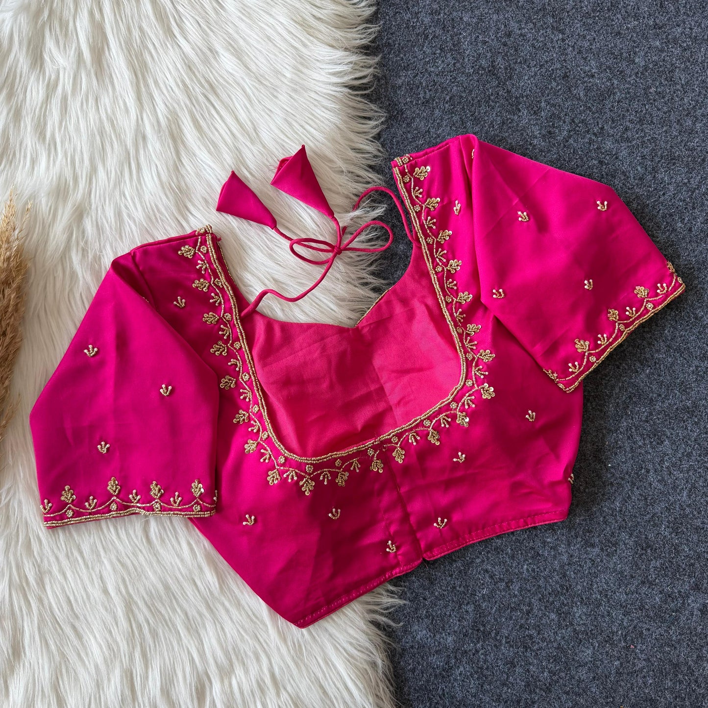 Beautiful handcrafted work in sleeves and back all over ready made blouse