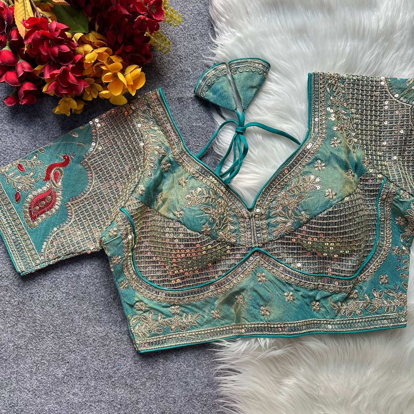 Heavy cosmoss silk embroidery work ready made blouse