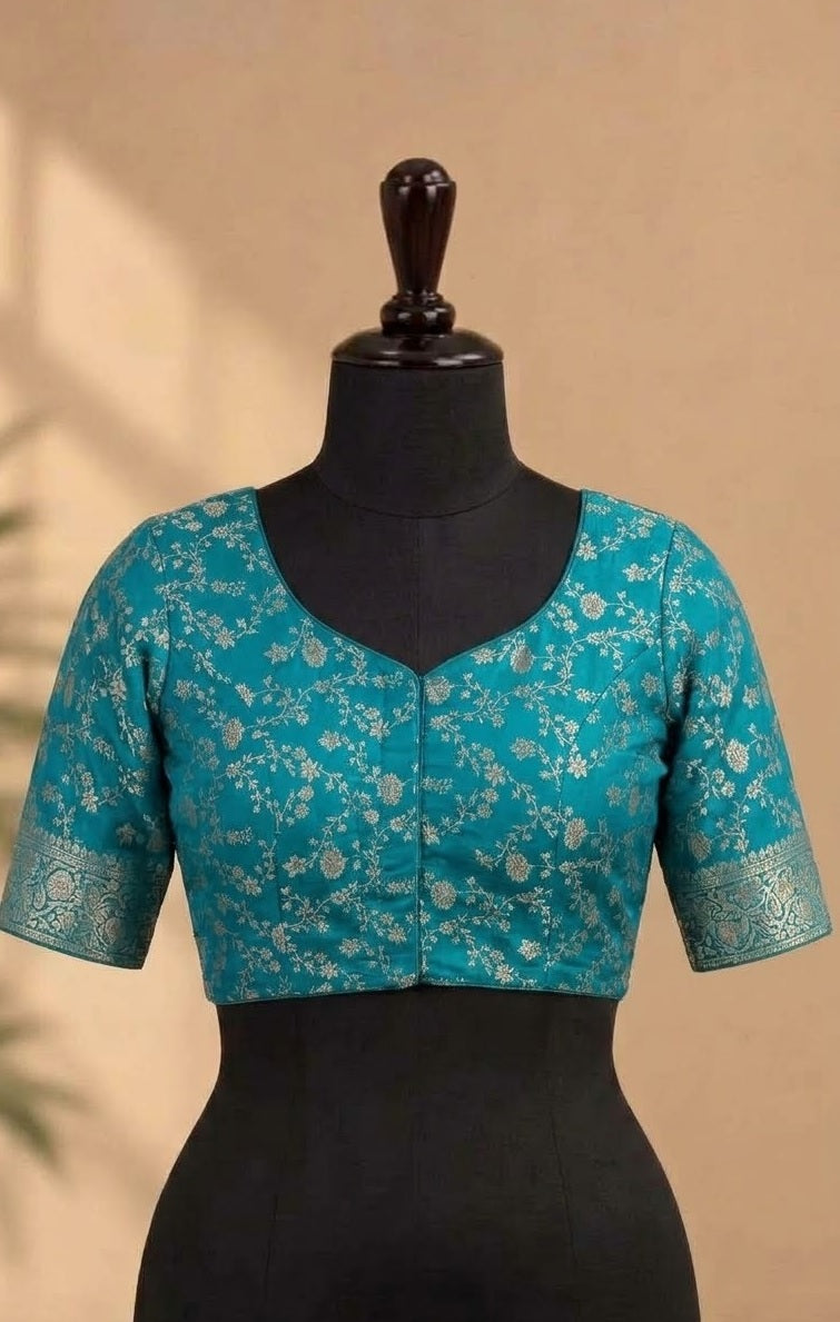 Teal Green Zari Embroidered Deep-Back ready made blouse