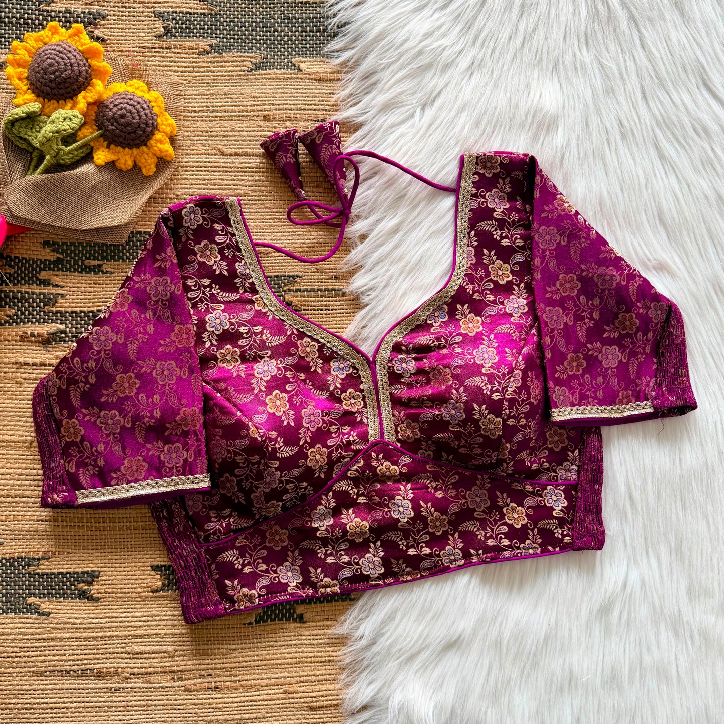 A beauty of weaving work all over with stretchable technology inside ready made blouse