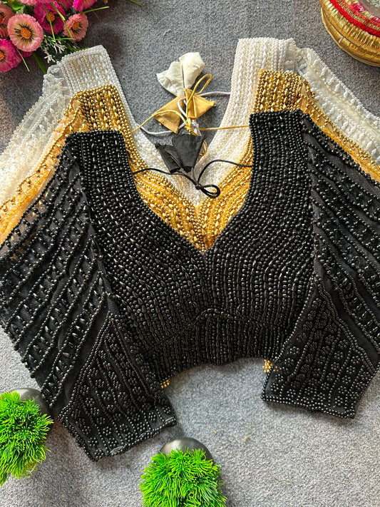 Presenting beautiful handcrafted pearl work in all over ready made blouse