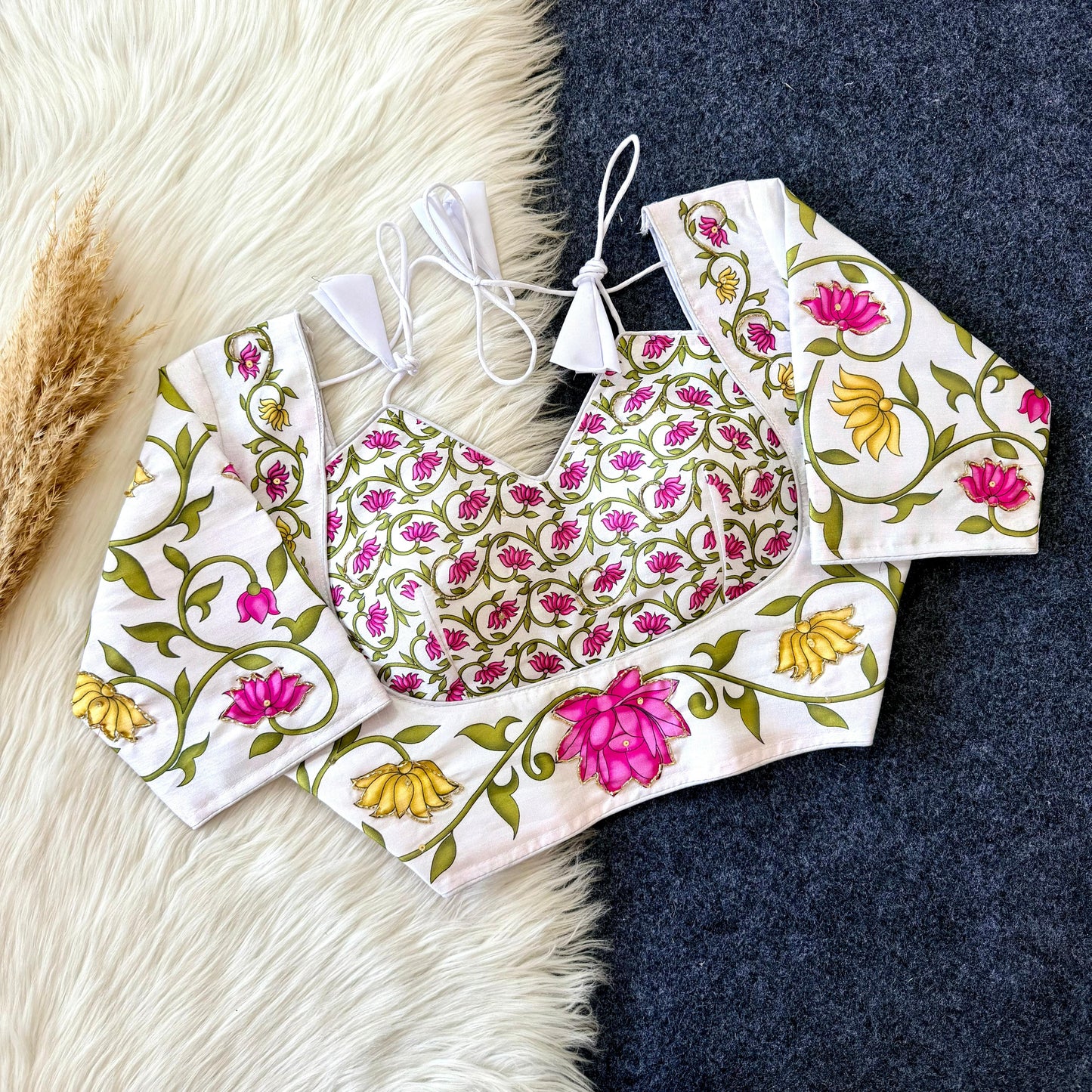 Semi pure silk fabric with Decent print all over blouse with antique handcrafted work ready made blouse
