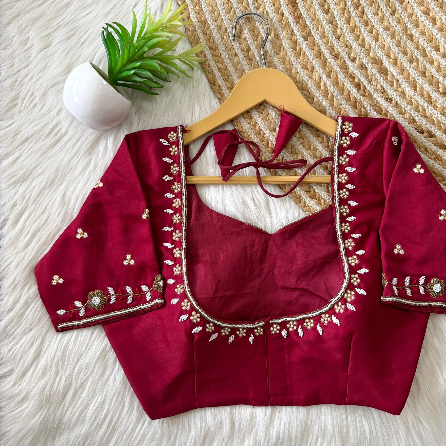Beautiful handcrafted work in sleeves and back all over ready made blouse