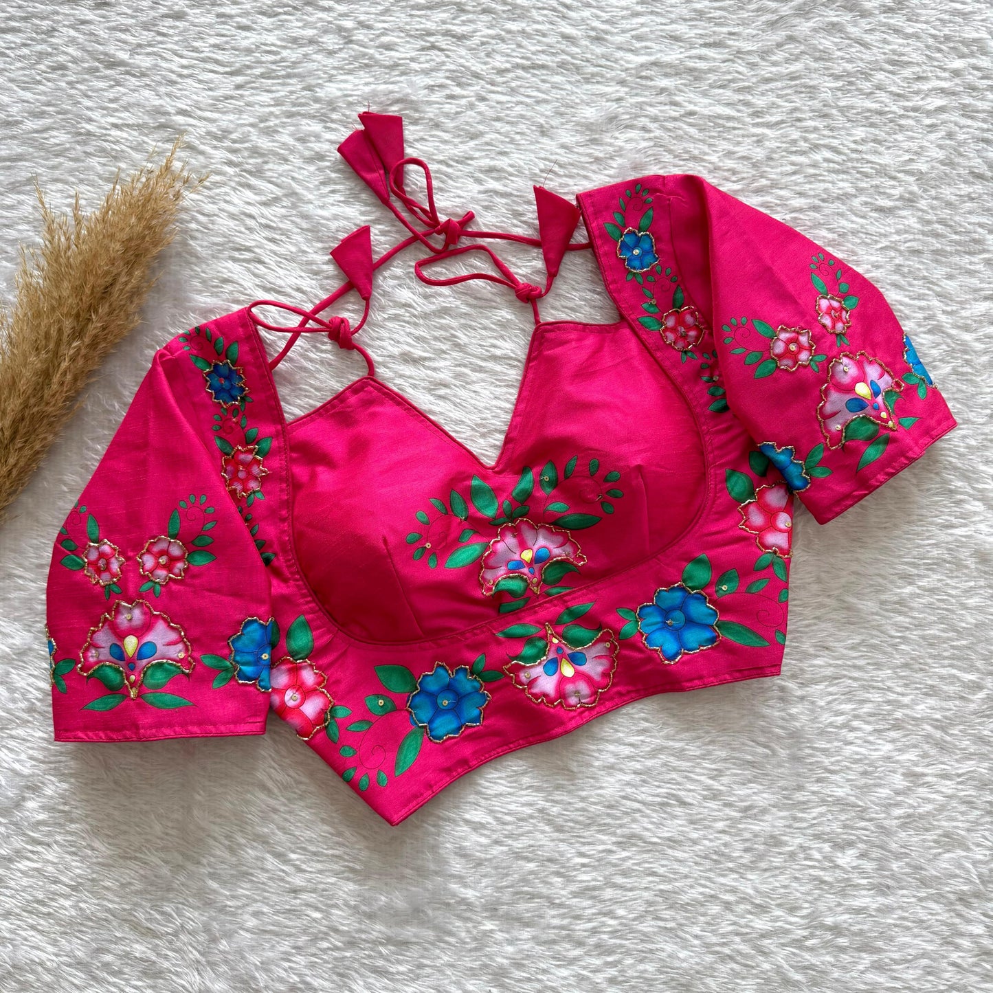 Semi pure silk fabric with Decent print all over blouse with antique handcrafted work ready made blouse