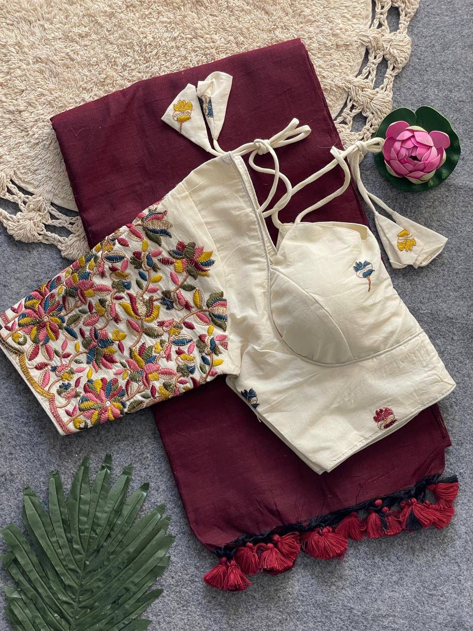 Cotton saree with heavy embroidery work ready made blouse