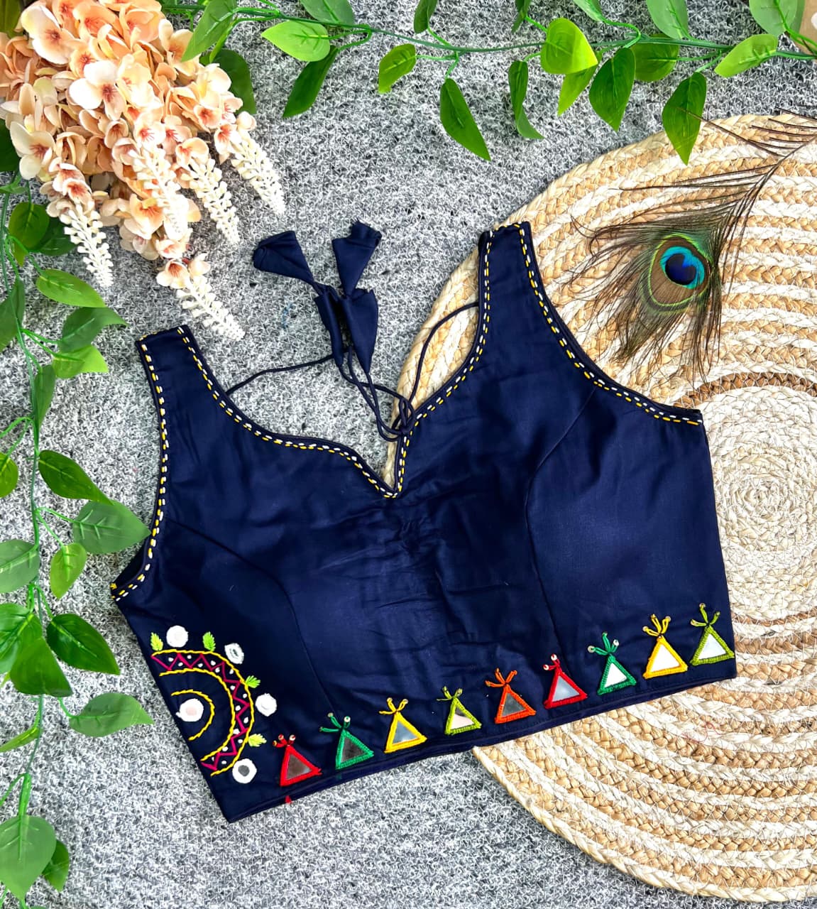 Multi thread with mirror hand work ready made blouse