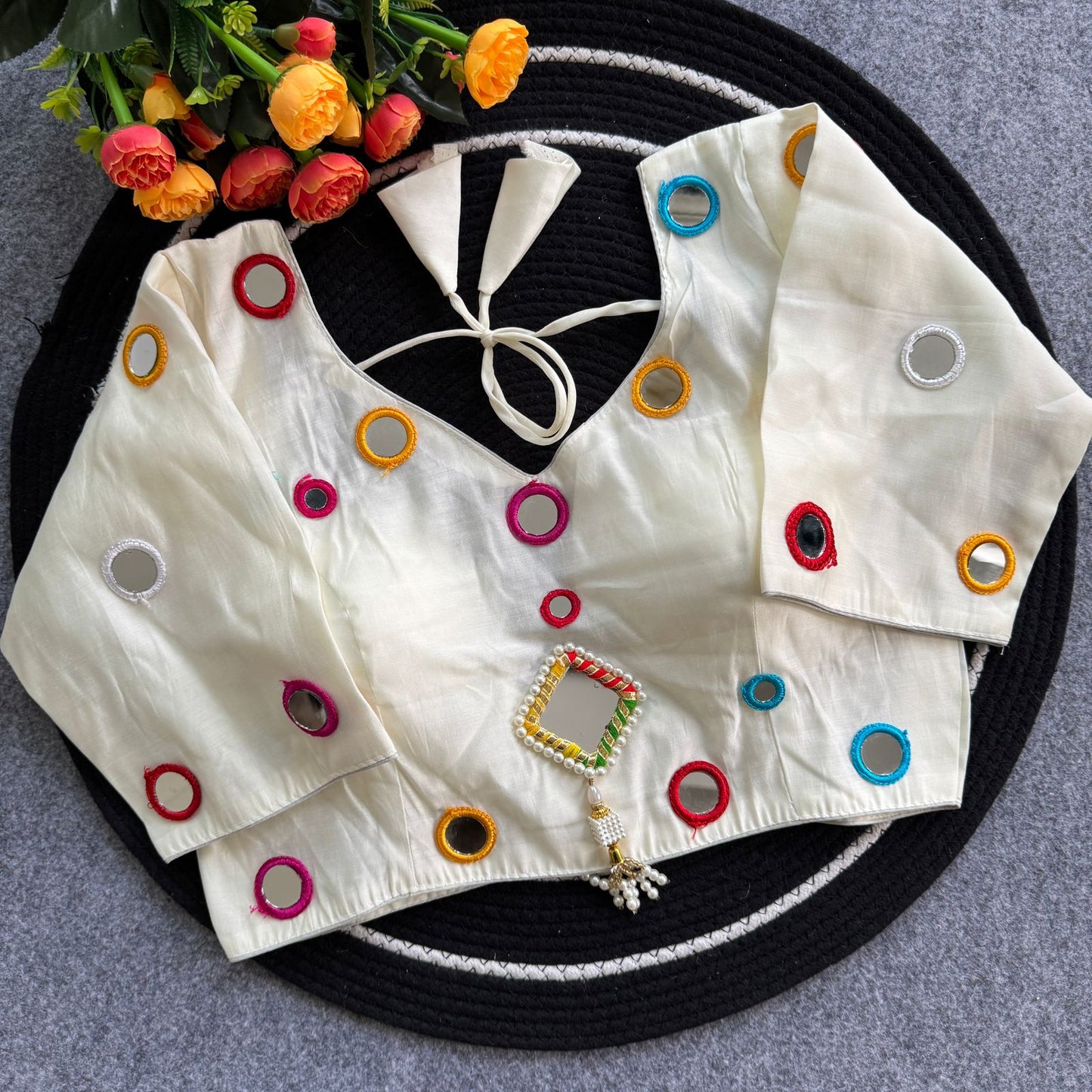 Pure Roman Silk mirror work ready made blouse