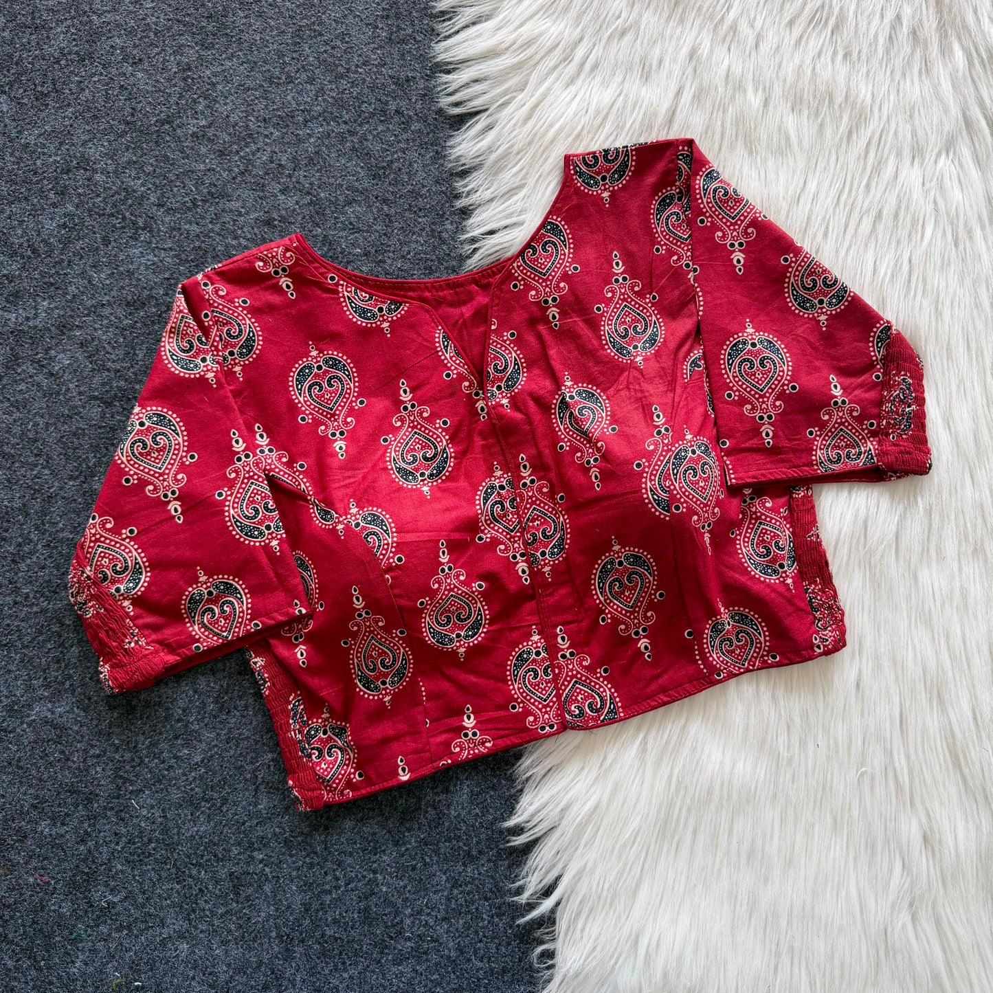 Beautiful hand block print with side elastic ready made blouse