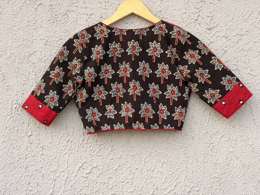 Ajrakh with mirror work designer blouse