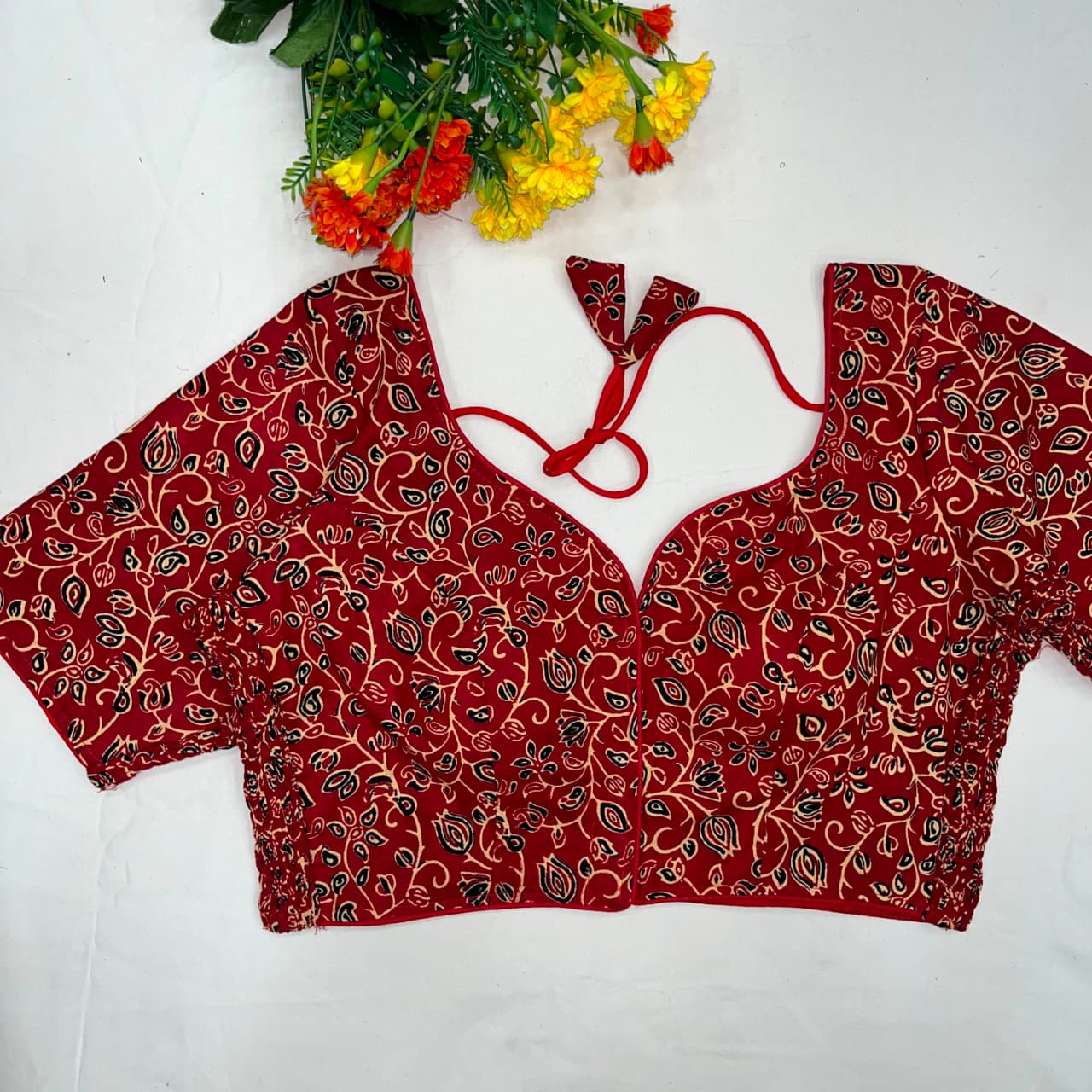 Trending ajarakh print cotton elastic pattern fancy ready made blouse