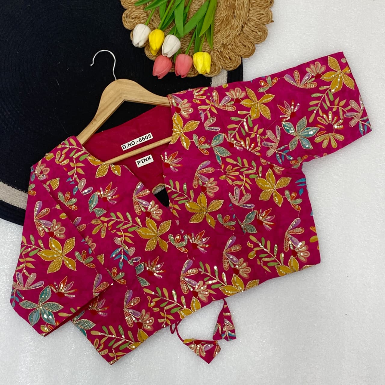 Pojisan print embroidery ready made blouse