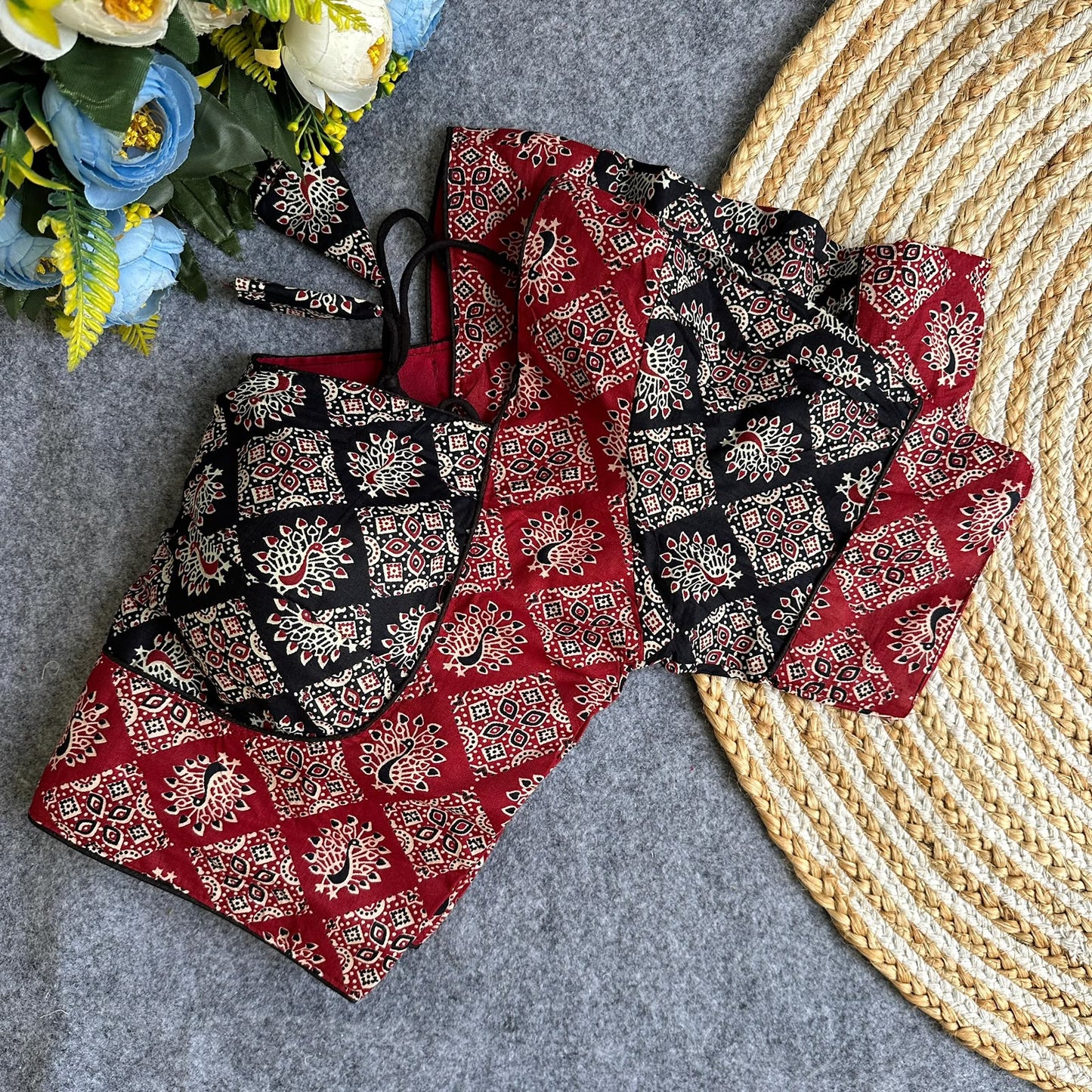 Original ajrakh cotton halter neck puff sleeve ready made blouse