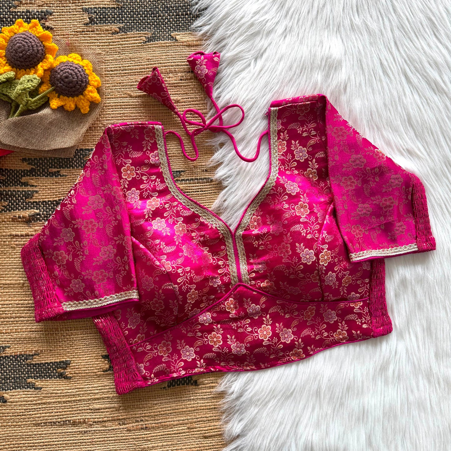 A beauty of weaving work all over with stretchable technology inside ready made blouse