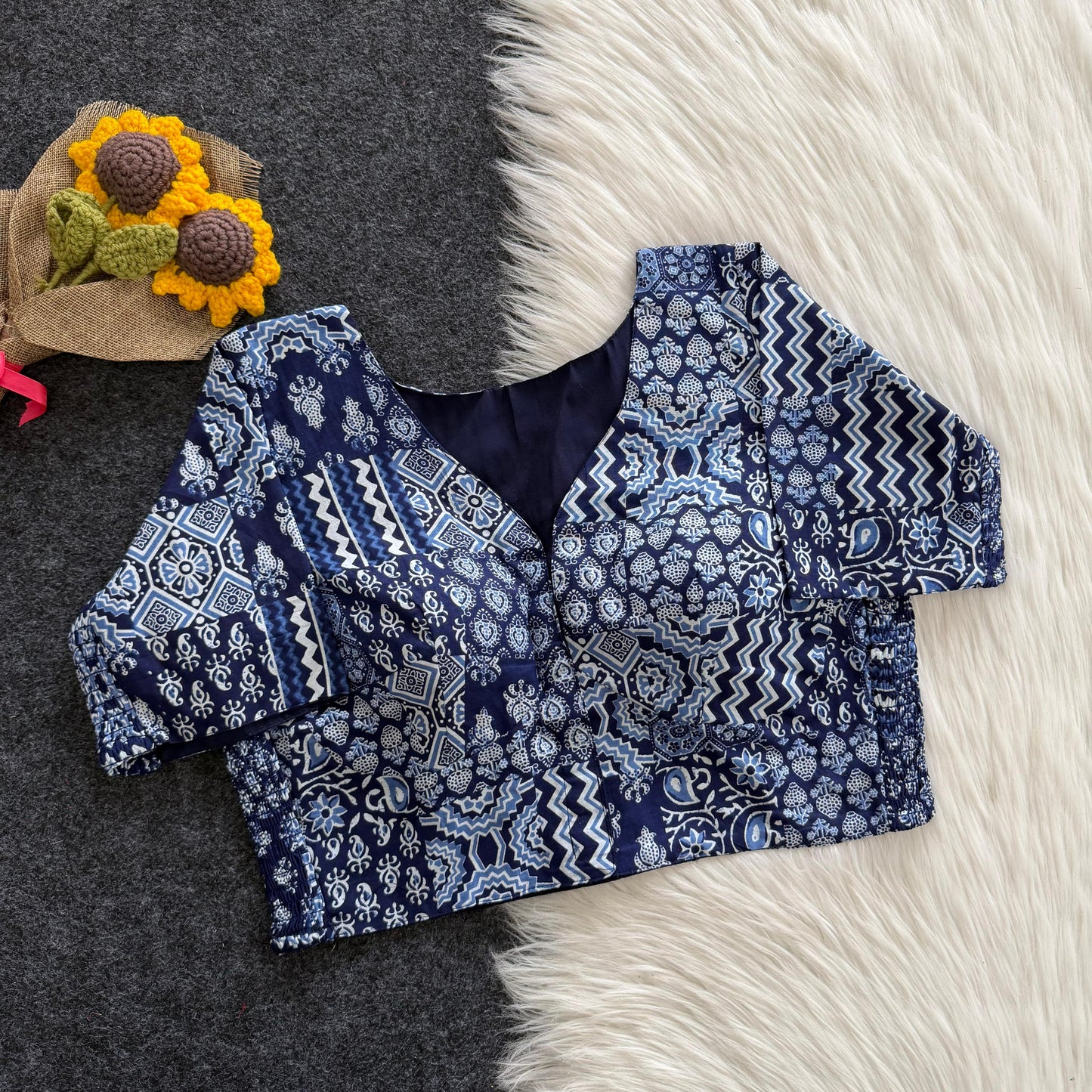 Beautiful hand block print with side elastic ready made blouse