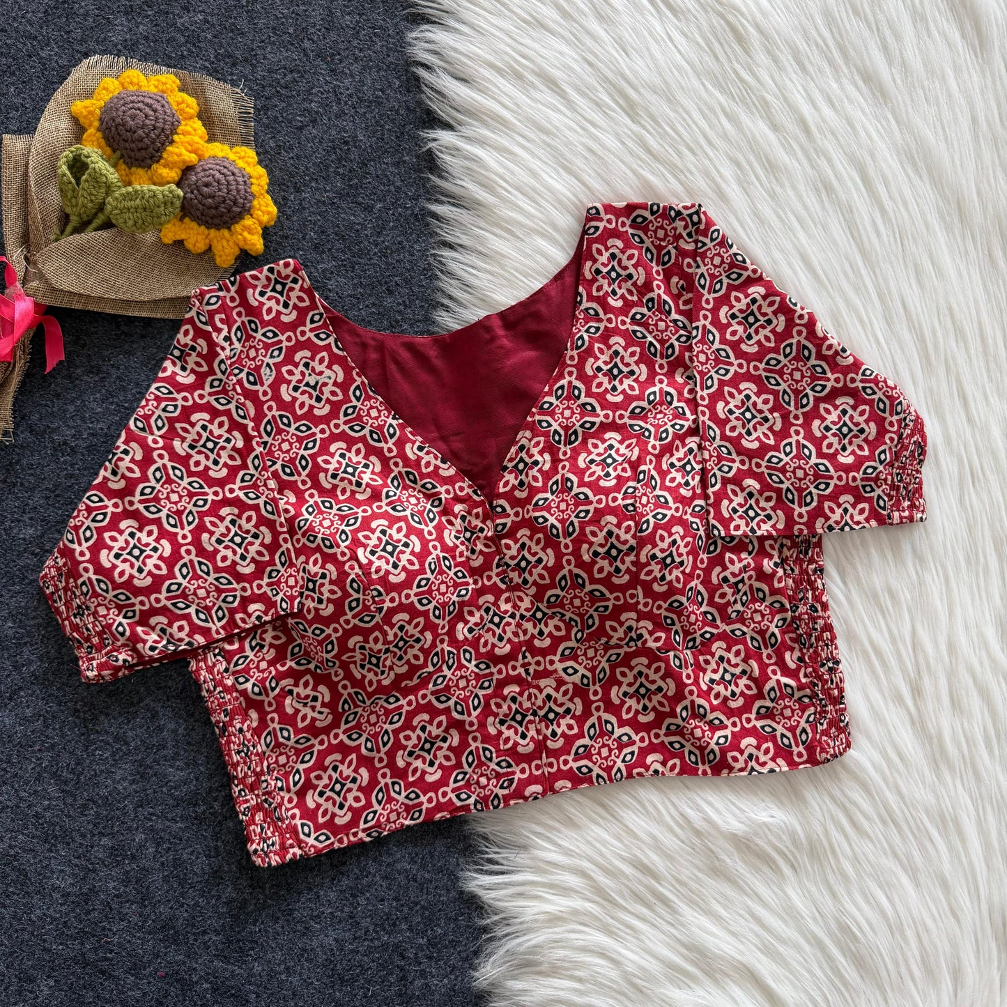 Beautiful hand block print with side elastic ready made blouse
