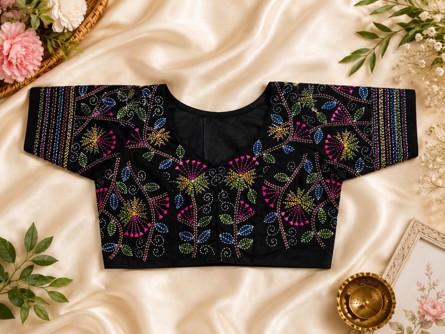 Katha handwork round/ Boatneck ready made blouse