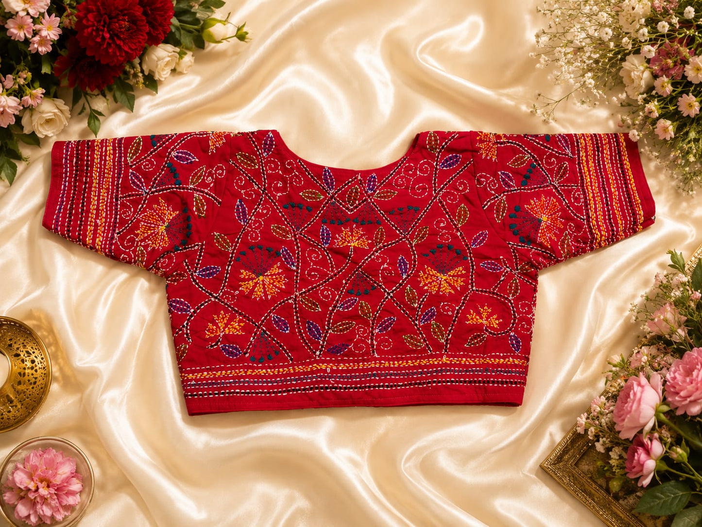 Katha handwork round/ Boatneck ready made blouse