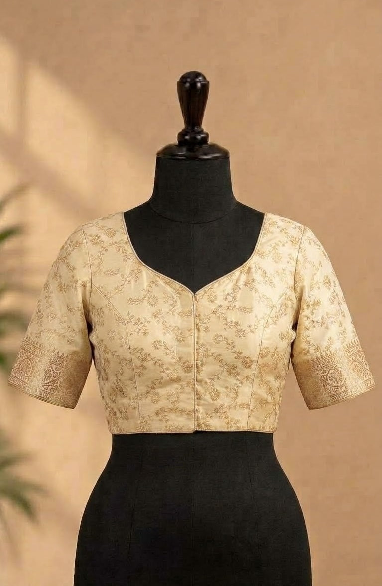 Beige Gold Zari Embroidered Deep-Back ready made blouse