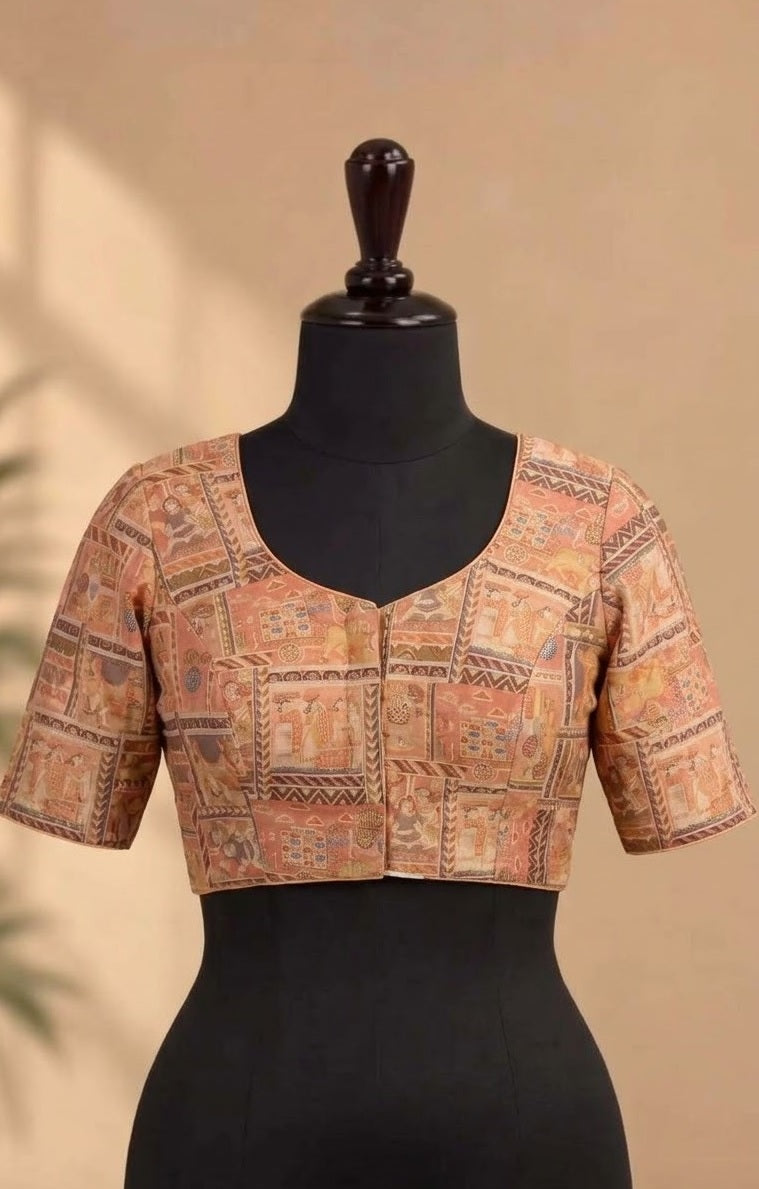 Peach-Coral Pichwai Art Designer ready made blouse