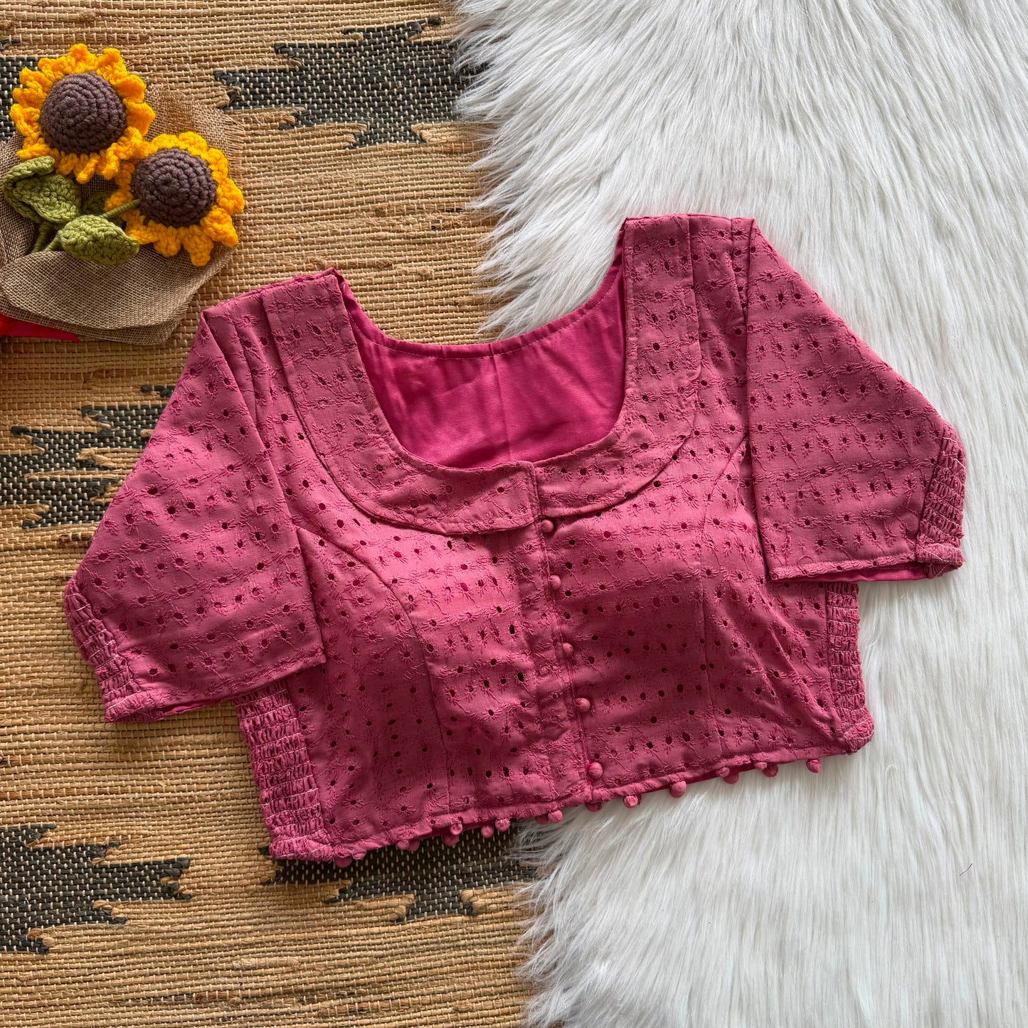 Beautiful embroidery work with elastic attach for better fitting ready made blouse