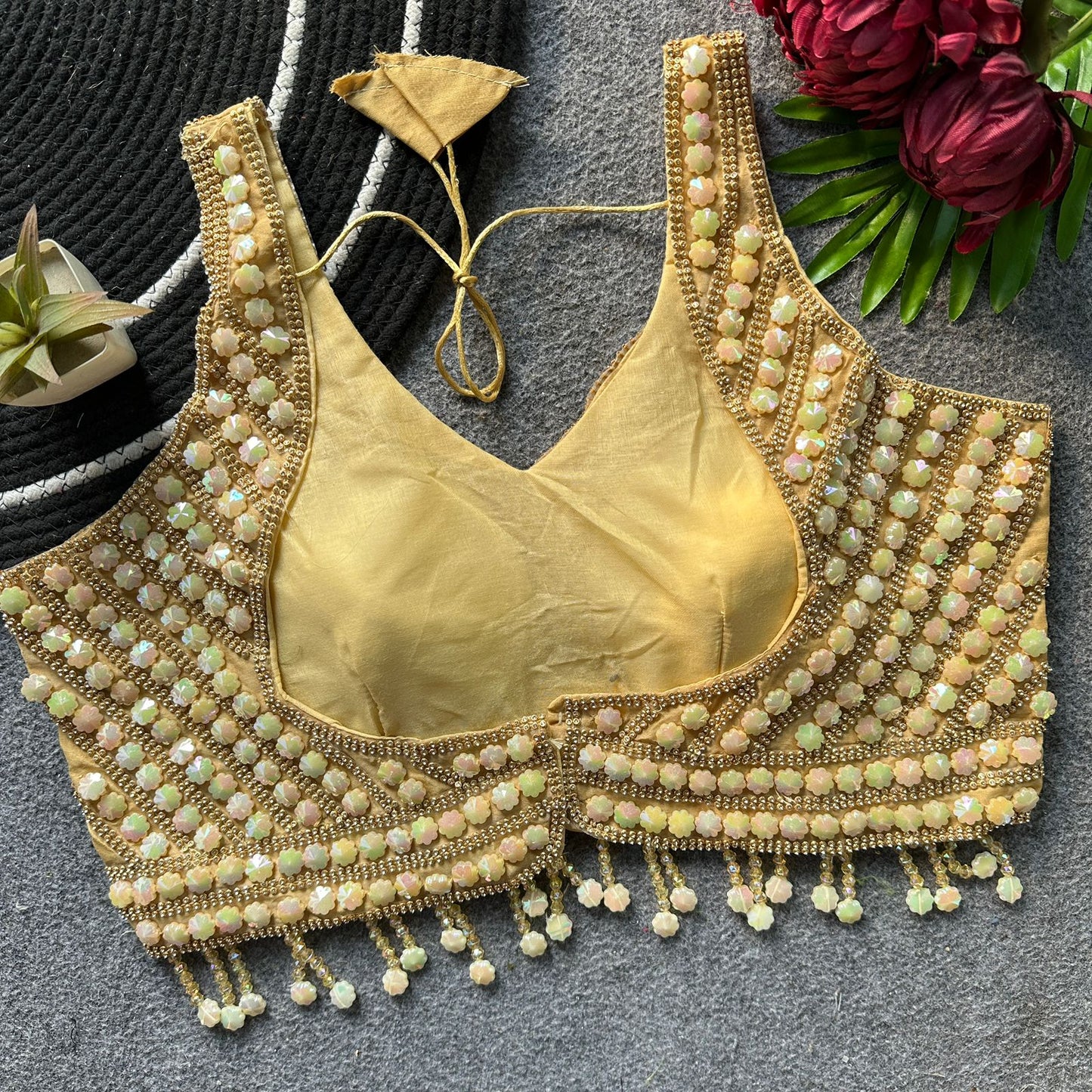 Pure handwork pearl, moti and beads cristal work ready made blouse