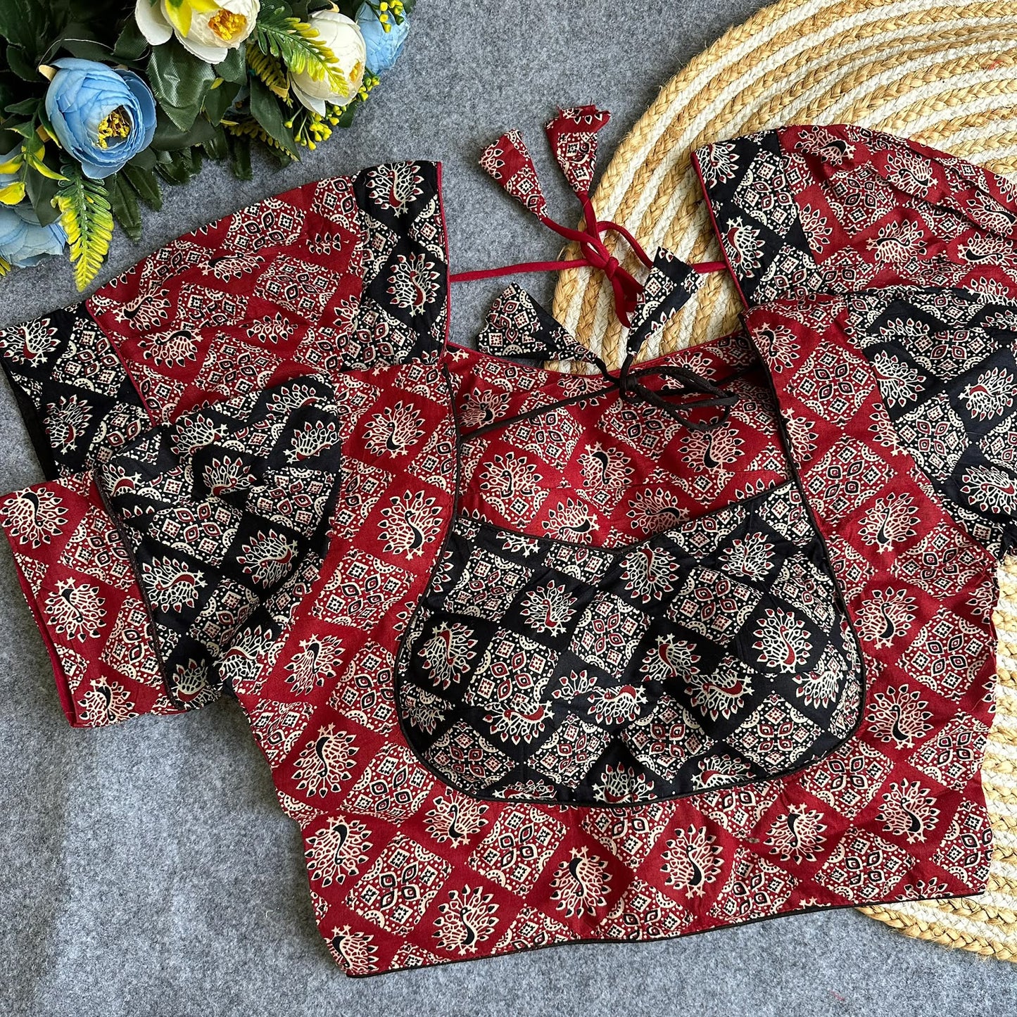 Original ajrakh cotton halter neck puff sleeve ready made blouse