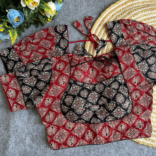 Original ajrakh cotton halter neck puff sleeve ready made blouse