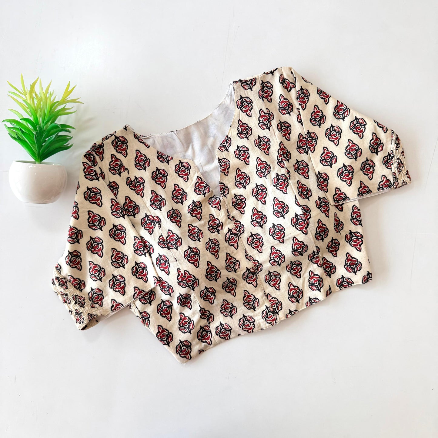 Beautiful hand block print with side elastic ready made blouse