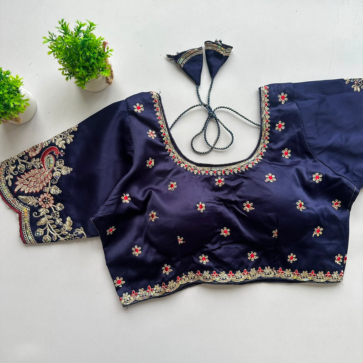 Heavy pure satin silk embroidery work ready made blouse