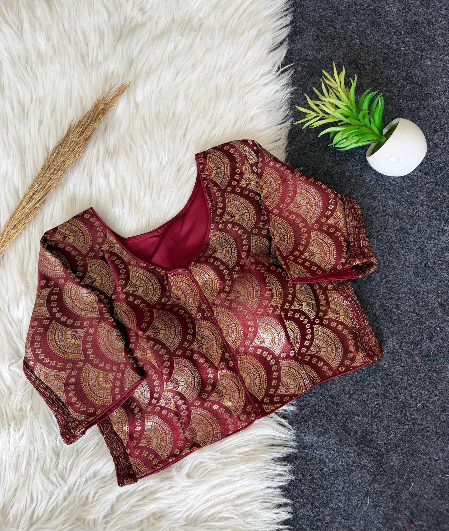 A beauty of weaving work all over with stretchable technology inside ready made blouse