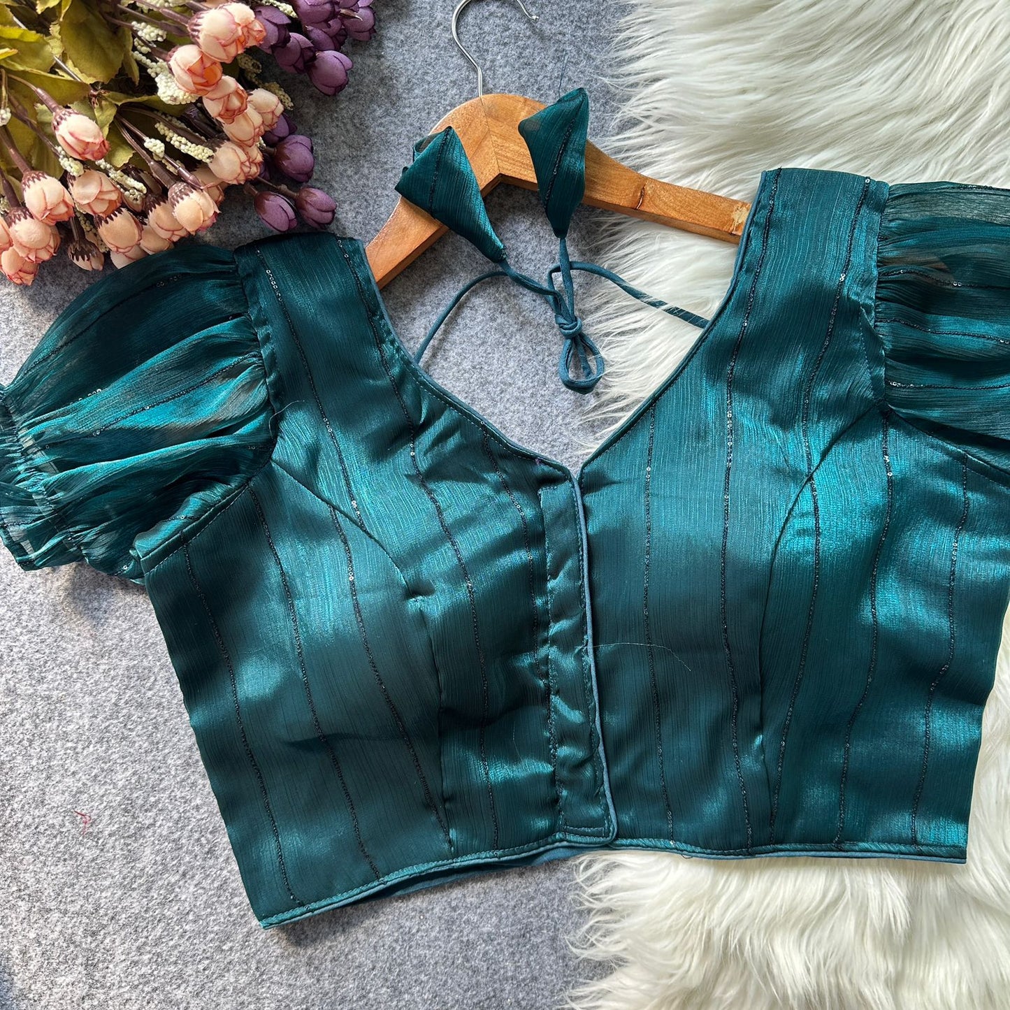 Two tone zimi chu slub shining material with sequins work ready made blouse