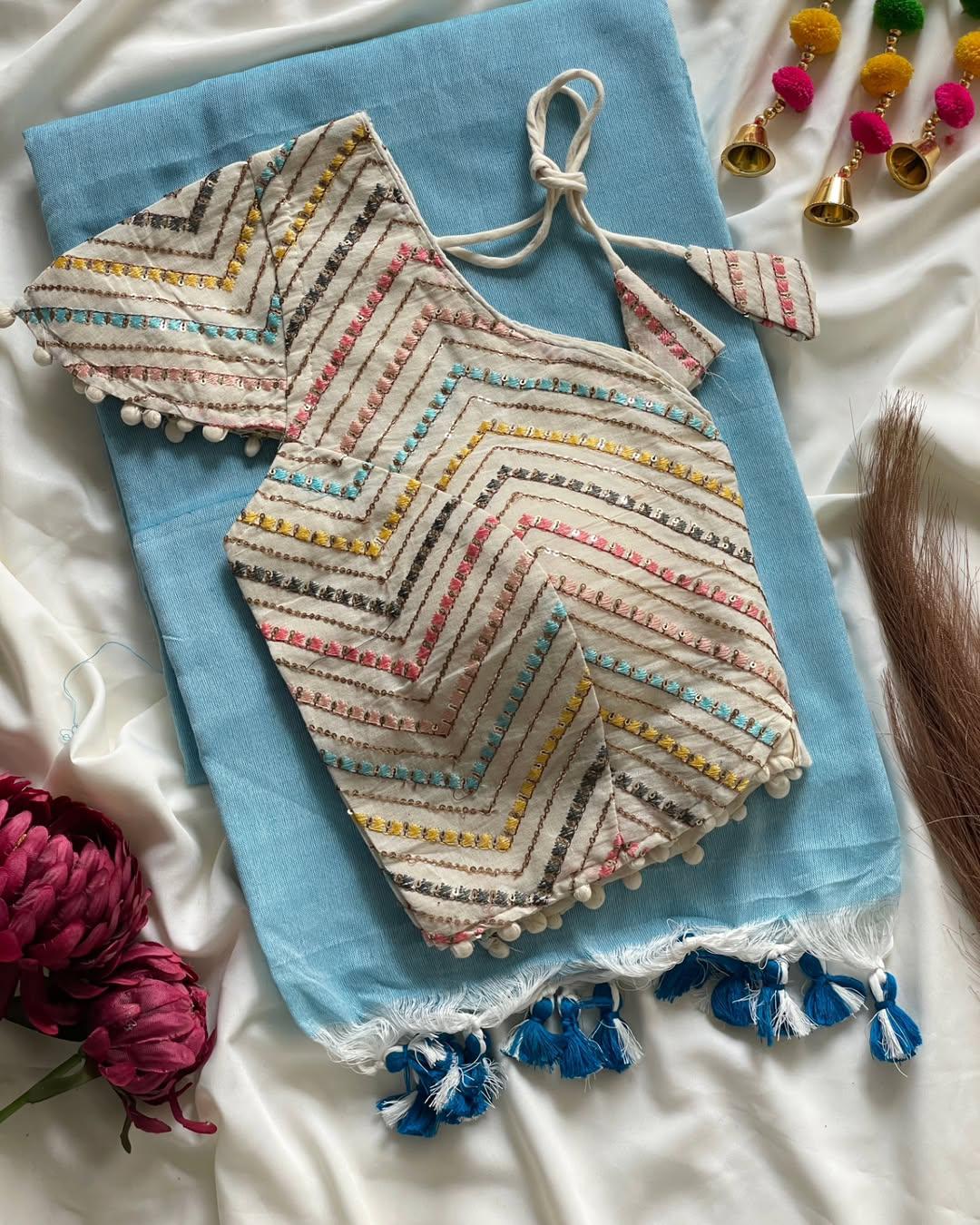 Pure cotton ready made blouse with saree