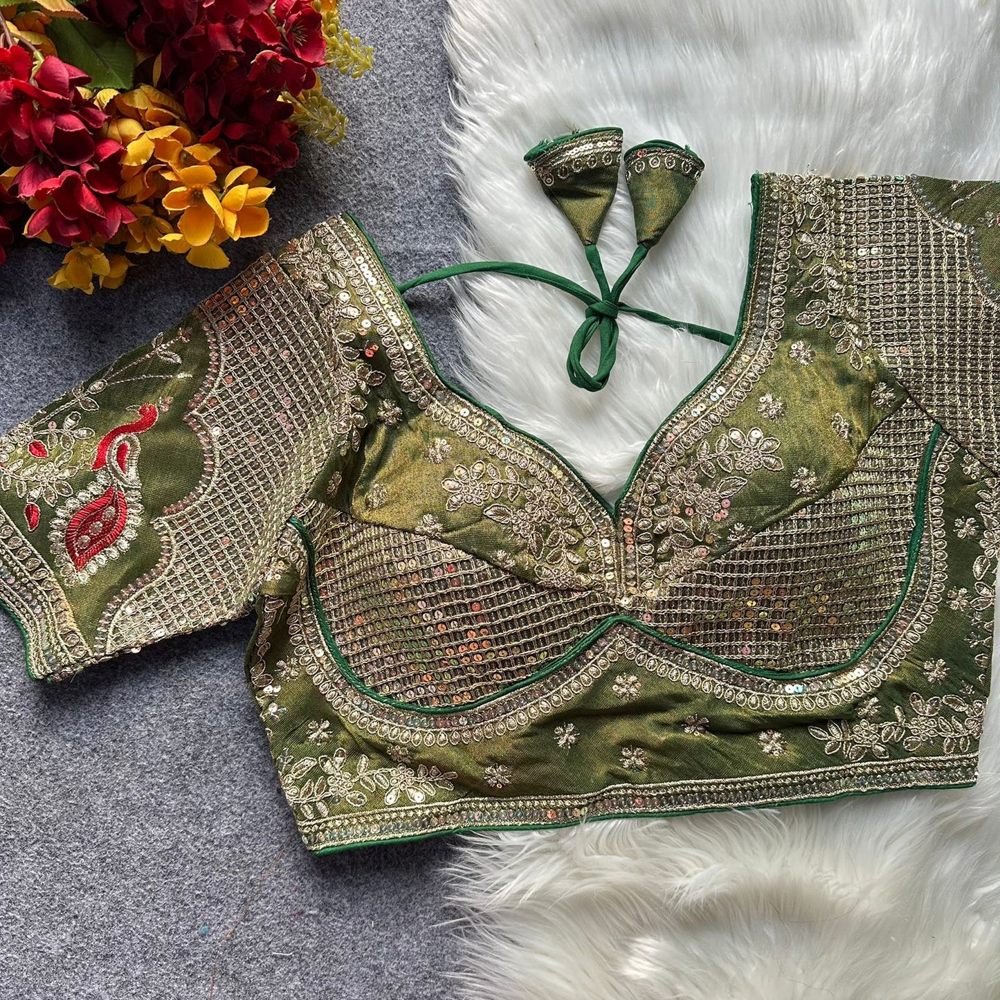 Heavy cosmoss silk embroidery work ready made blouse